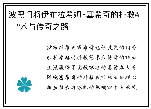 波黑门将伊布拉希姆·塞希奇的扑救艺术与传奇之路
